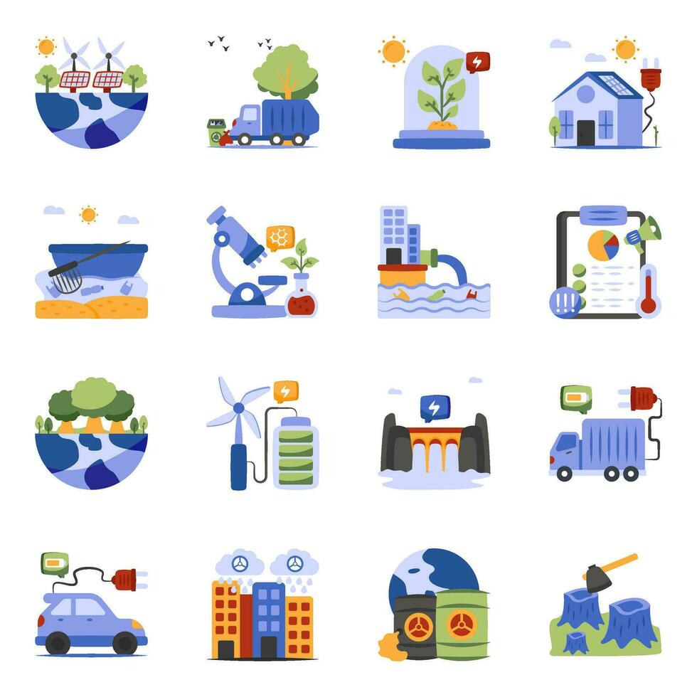 Pack of Nature and Pollution Flat Icons vector