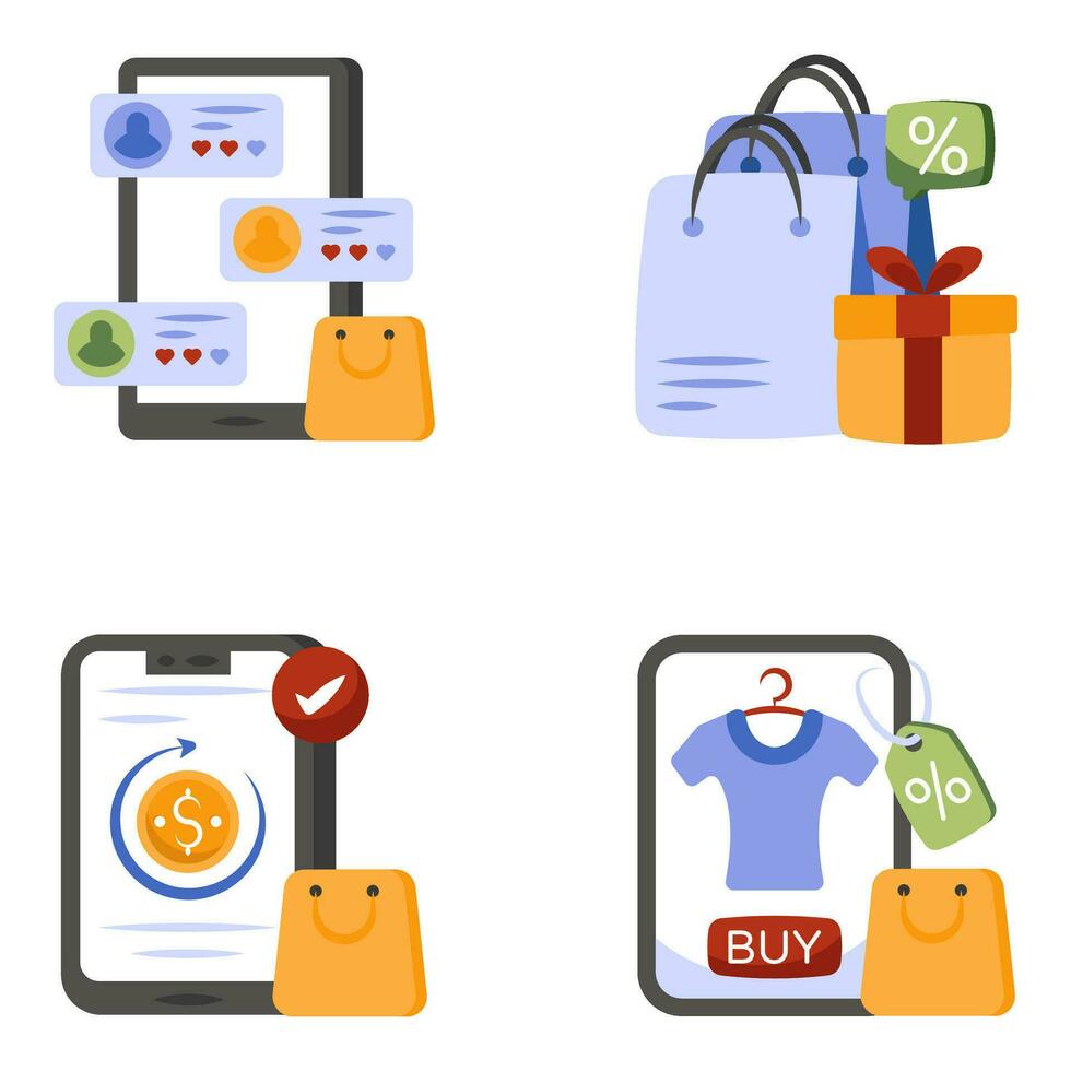 paquete de iconos planos de compras y comercio electrónico vector