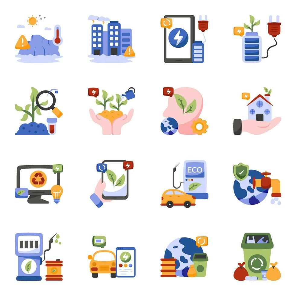 paquete de iconos planos de ecología vector