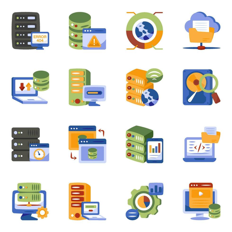 paquete de iconos planos del servidor de datos vector