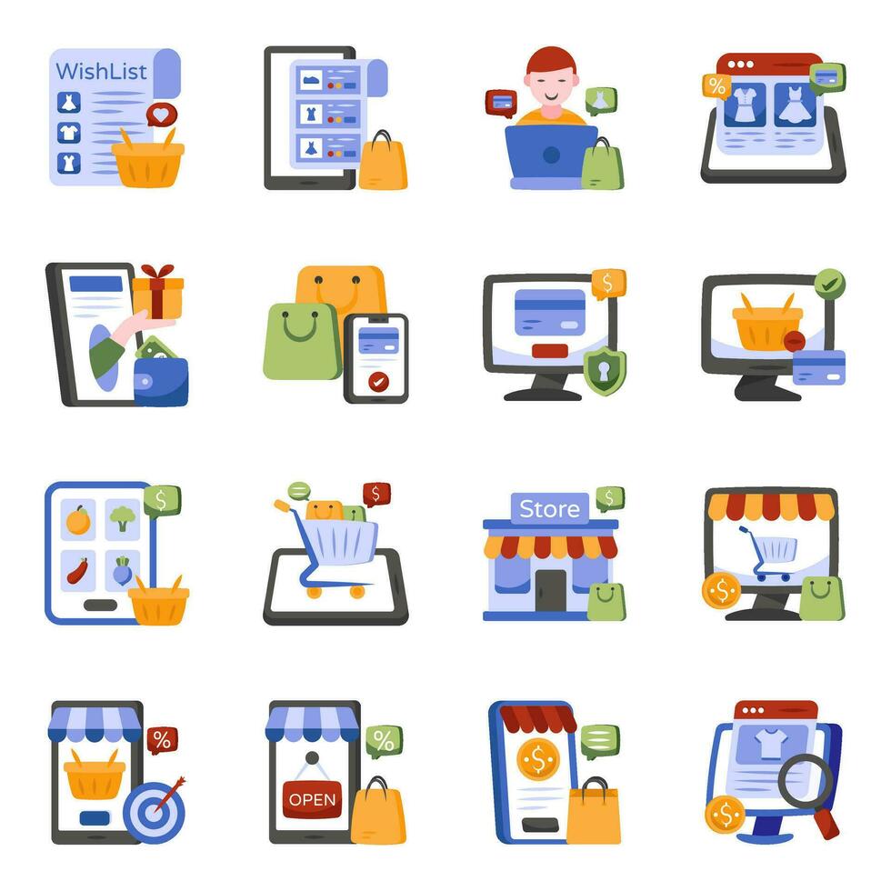 paquete de iconos planos de compras y gastos vector