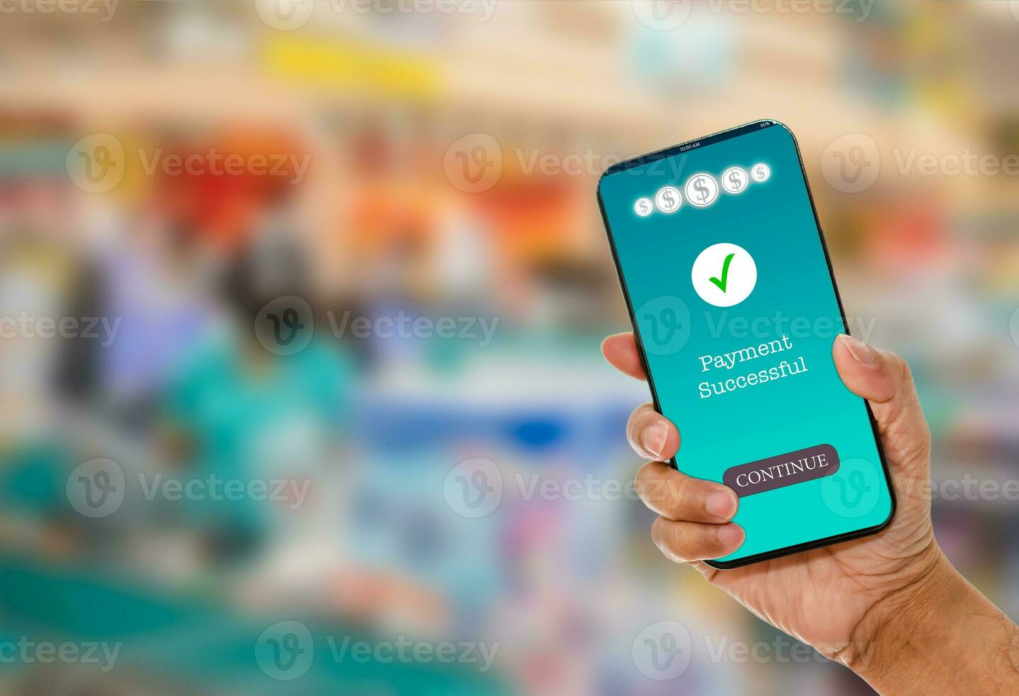 A man's hand holds a smartphone on screen with message Payment Successful in a supermarket. Concept of financial transactions with mobile devices. Closeup, money, transfer, online. blurred background photo