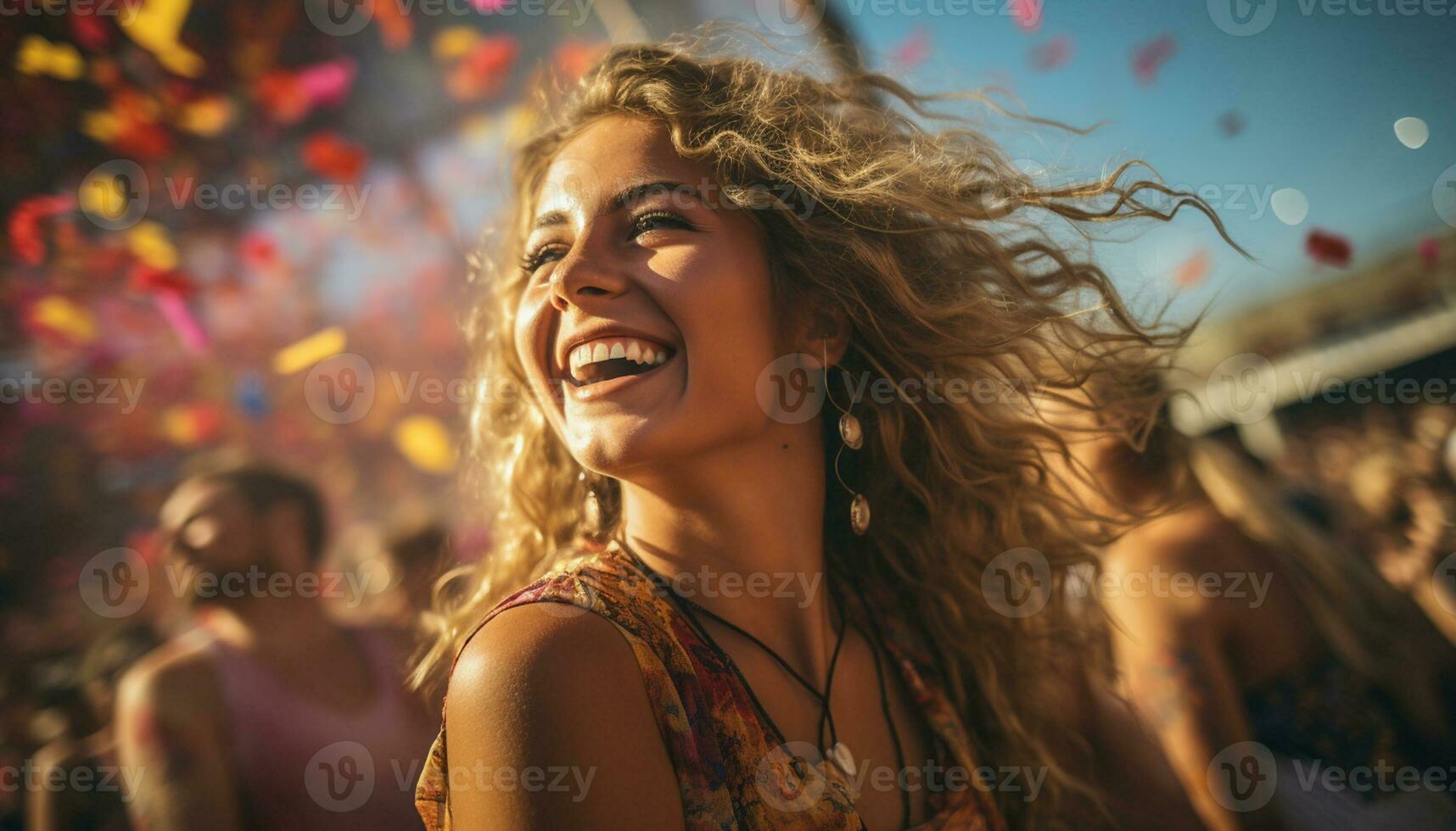 A lady laughs with joy and happiness as she relaxes on the beach at a summer party, surrounded by friends and family, with the sea breeze in her hair and the sun on her face. Generative Ai photo