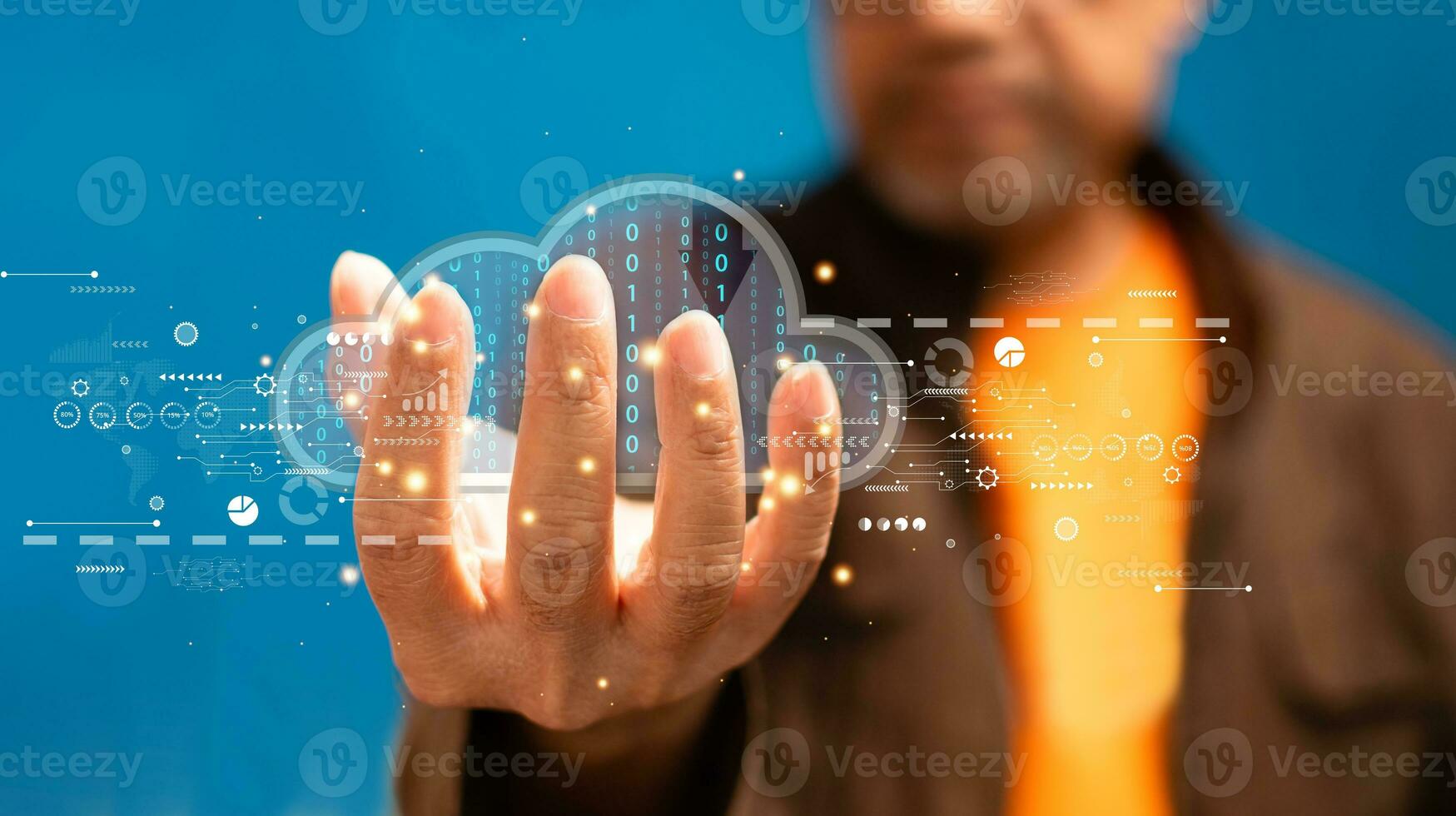 business people holding digital cloud to connection network for download, upload database business information to storage server, man use technology internet on cyberspace online system for access photo