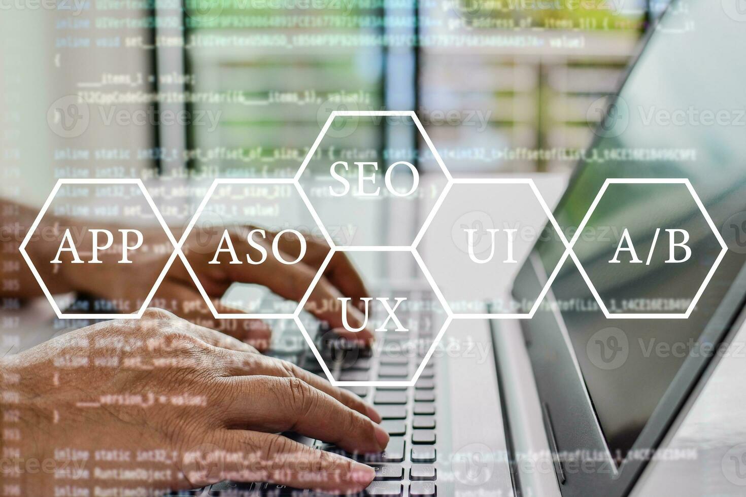 Developers work at home. Programmers write coding apps for use with business services on the Internet. Programmers sit and write programs with their laptop computers. Close up, Blurred background photo