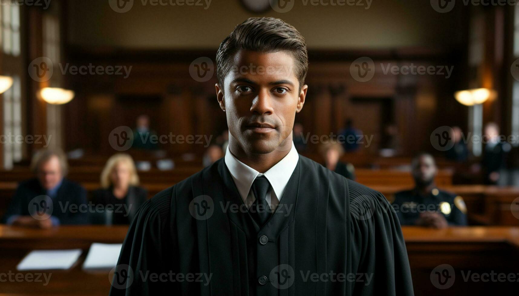 A male lawyer stands confidently in the courtroom, a portrait capturing his professionalism and dedication to the law. Generative Ai. photo