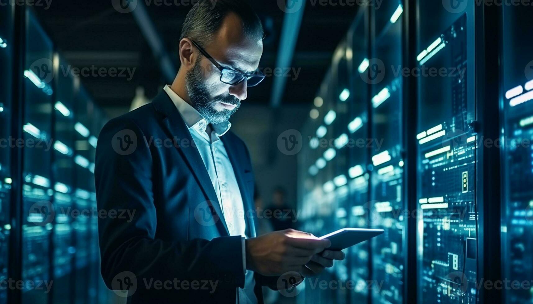 Data center engineers leverage their expertise in technology to manage and maintain the critical infrastructure that supports servers, networks, databases, and other systems. Generative Ai. photo