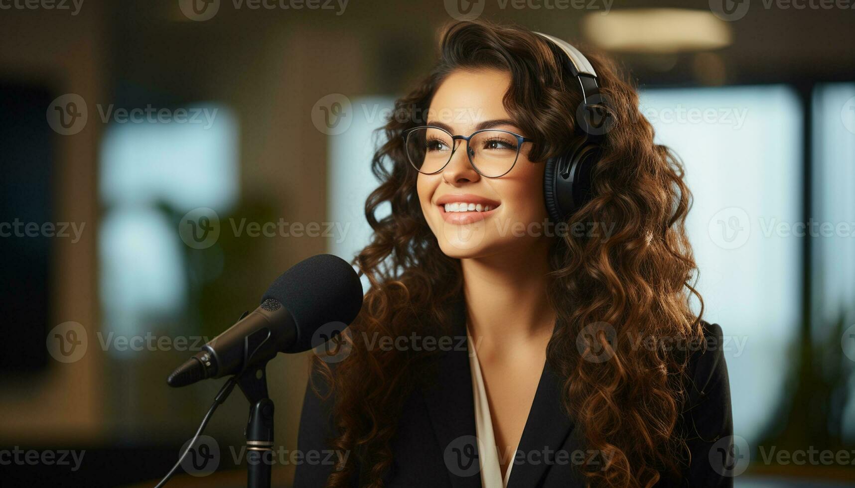 contento radio presentador Hablando dentro un micrófono en el estudio, entretenido oyentes con profesional musical audio. generativo ai foto