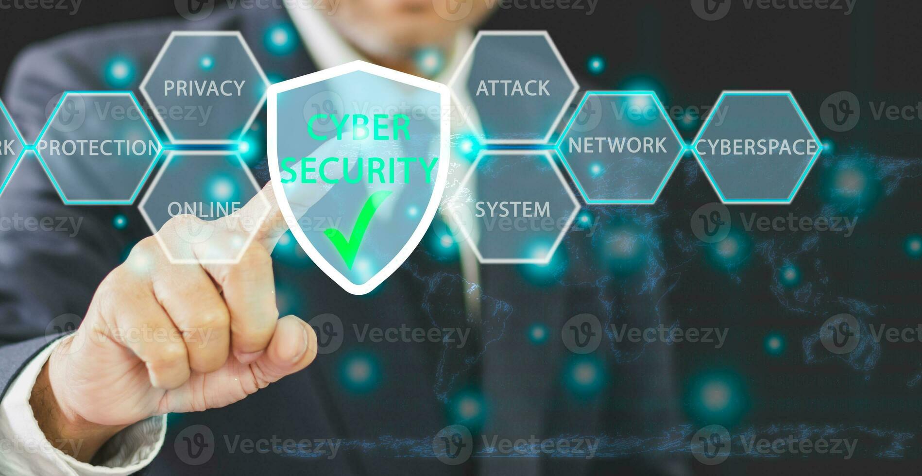 person man engineer touching icon on virtual screen to use technology security system to cyber computer network for protection virus hacker attack and access password firewall to crime on cyberspace photo