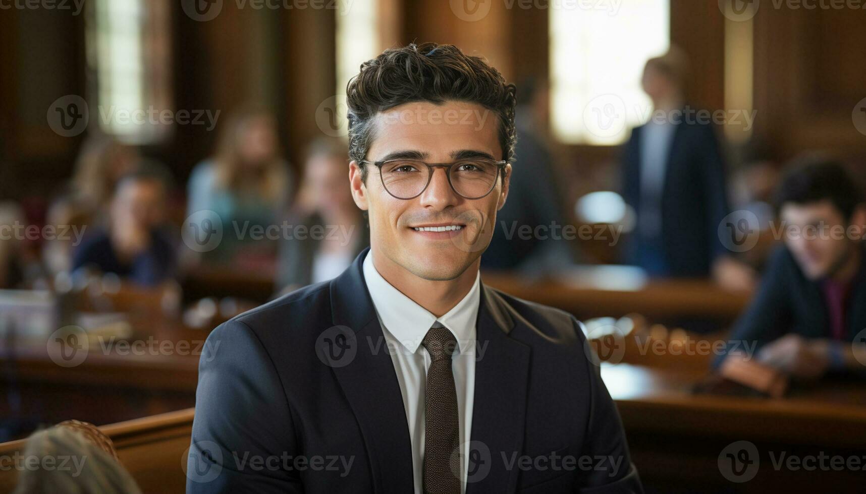 A male lawyer stands confidently in the courtroom, a portrait capturing his professionalism and dedication to the law. Generative Ai. photo