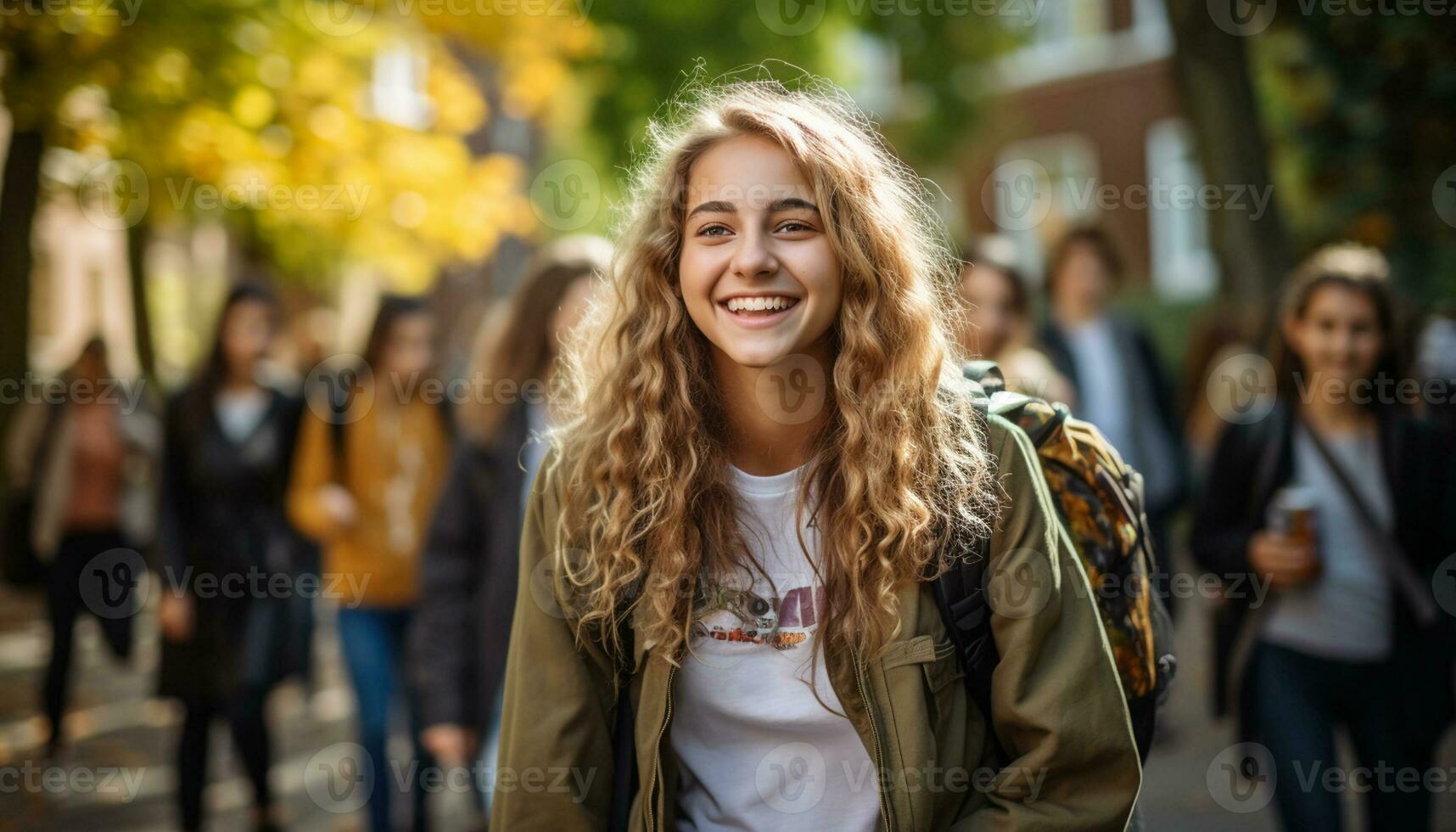 A group of happy young students, including a girl, and boy with a backpack, walk to school together, chatting and laughing as they enjoy their friendship and the excitement of learning. Generative Ai photo