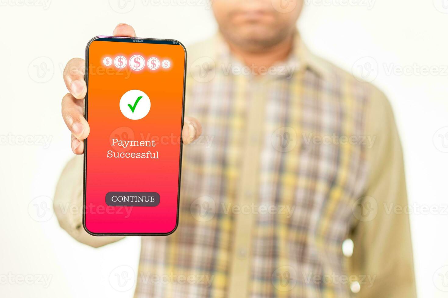 A man's hand holds a smartphone on screen with the message Payment Successful. Concept of financial transactions with mobile devices. Closeup, money, transfer, phone, online. white, blurred background photo
