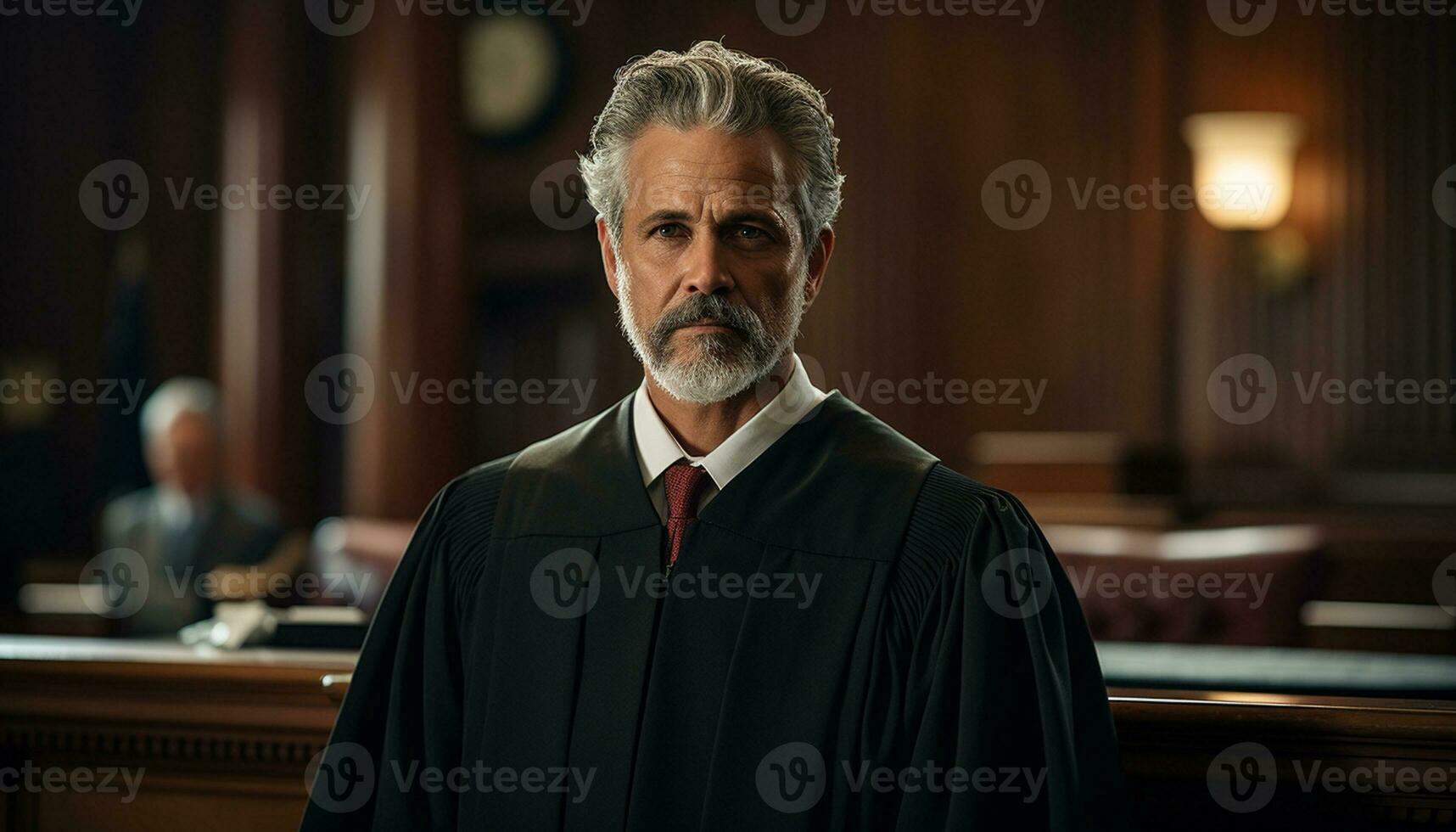 A male lawyer stands confidently in the courtroom, a portrait capturing his professionalism and dedication to the law. Generative Ai. photo