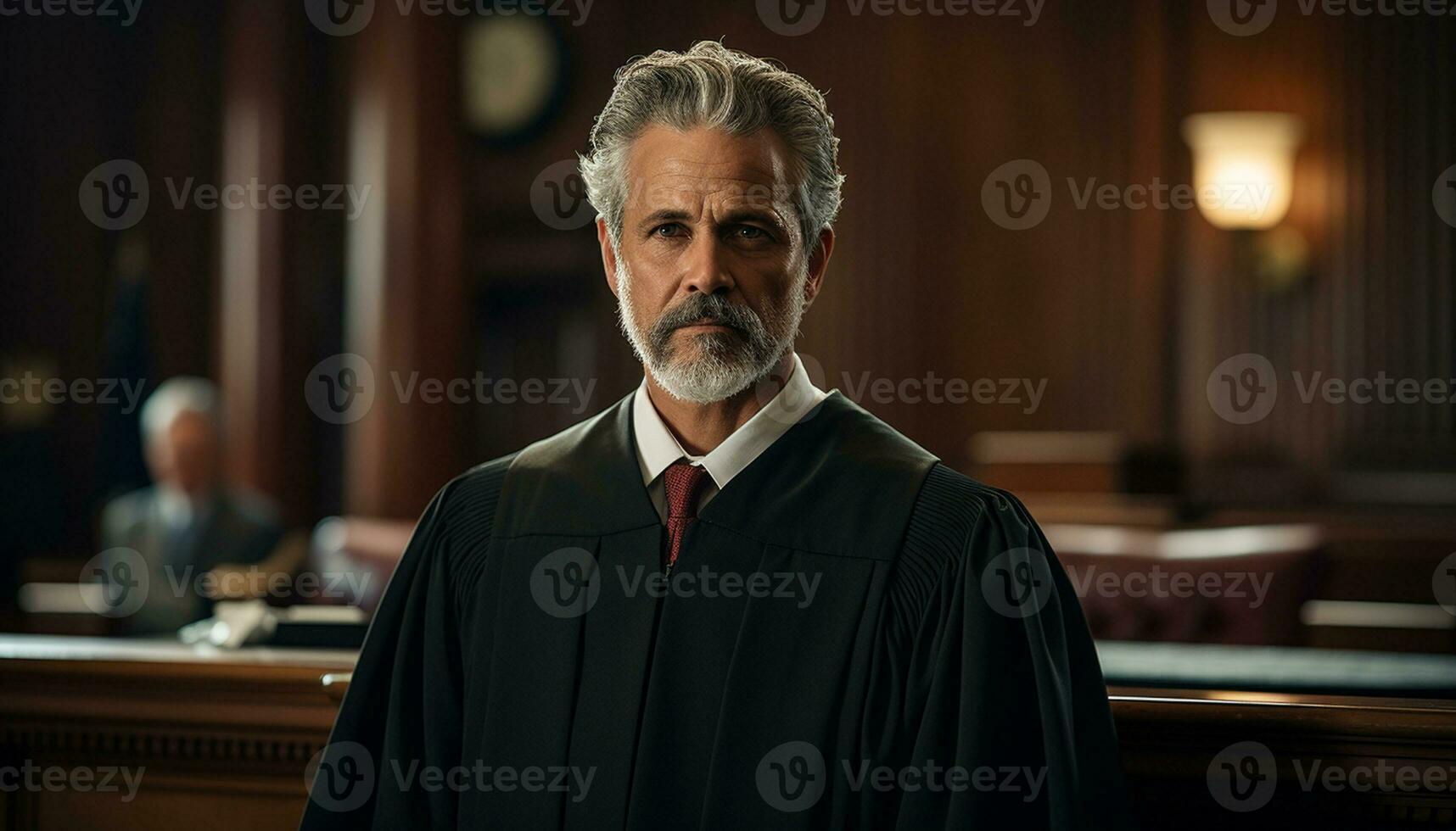 un masculino abogado soportes con confianza en el sala de justicia, un retrato capturar su profesionalismo y Dedicación a el ley. generativo ai. foto