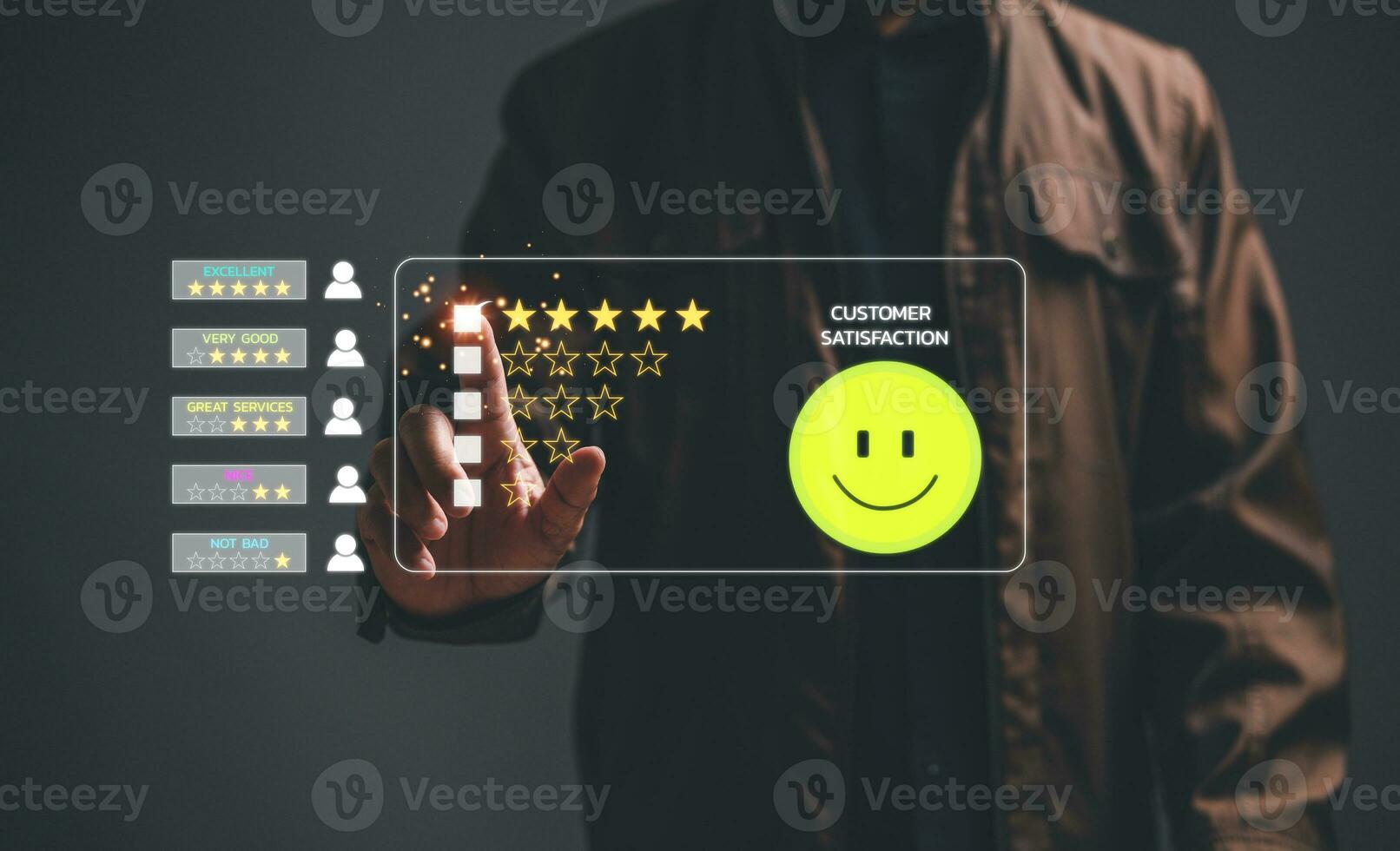 Satisfaction survey and Customer service concept. Businessman or Business people are touching a virtual screen on happy Smile face icon symbol to give satisfaction in service, rating very impressed. photo