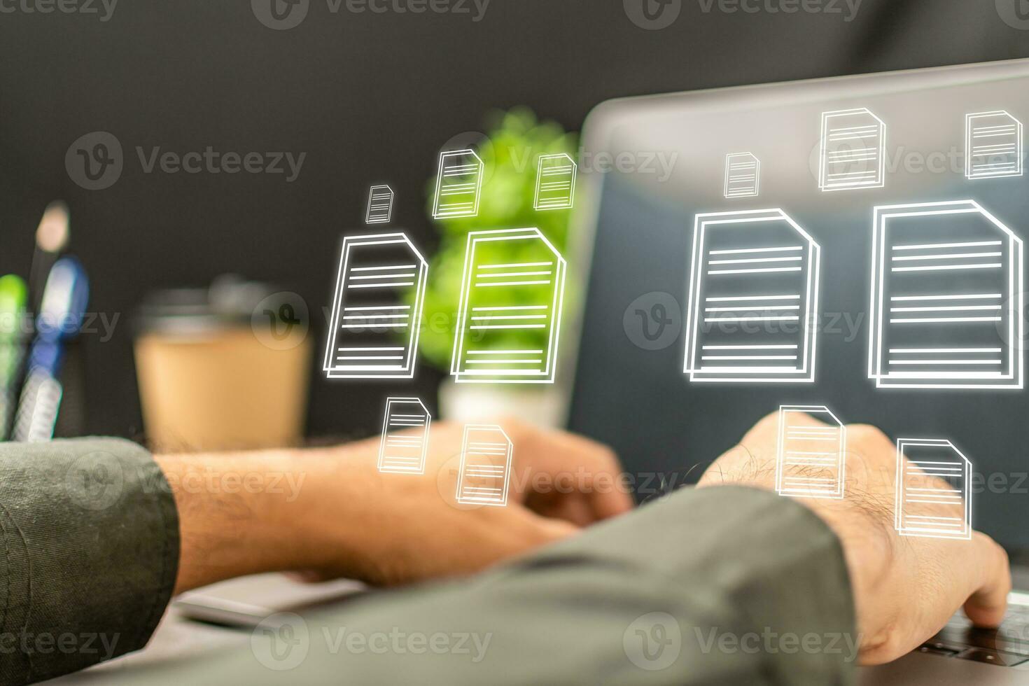 Businessman work from home using laptop with virtual screen. Online document database system and electronic document management system concept. Process data and manage files on Internet efficiently. photo