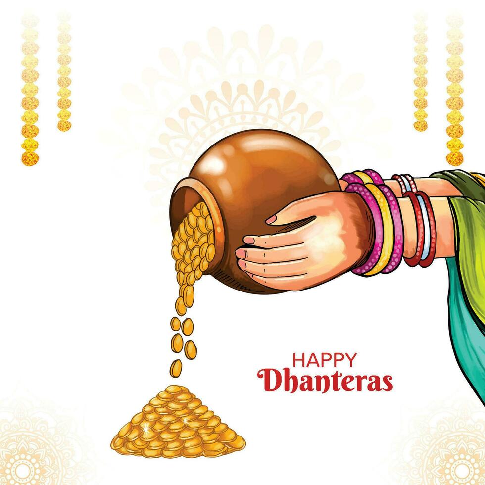 contento Dhanteras celebracion para oro moneda en maceta festival tarjeta diseño vector