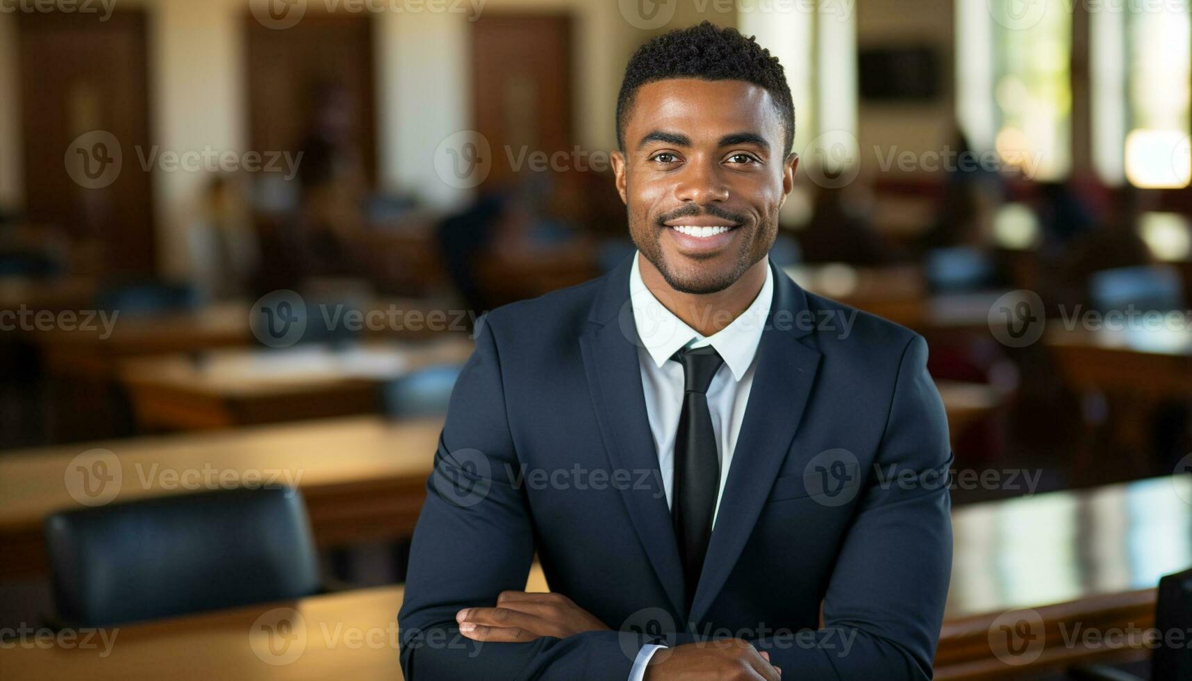 un masculino abogado soportes con confianza en el sala de justicia, un retrato capturar su profesionalismo y Dedicación a el ley. generativo ai. foto