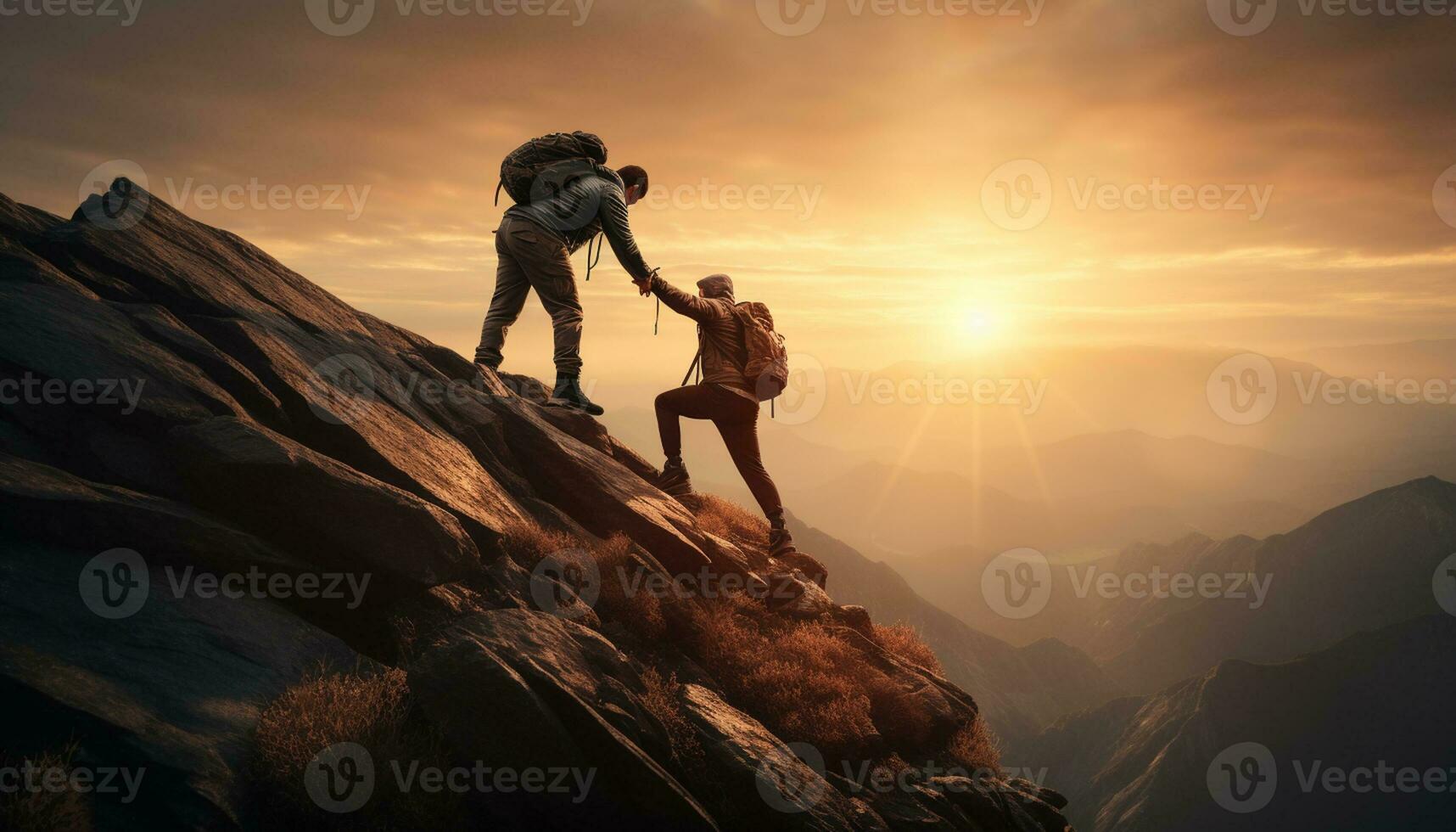 un alpinista alcanza fuera un Ayudar mano a su compañero de equipo, demostrando el importancia de trabajo en equipo y motivación en lograr éxito en el cara de desafiante condiciones. generativo ai foto