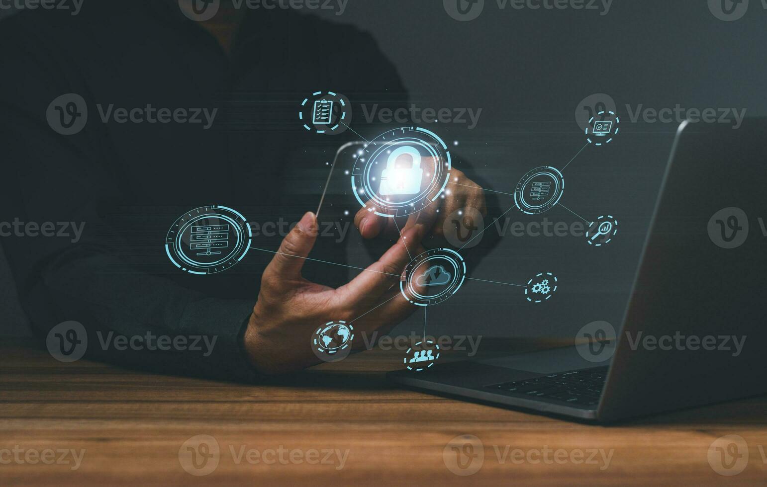 Businessman touching to sign in for protecting personal data with virtual screen interfaces. login icon and internet network security technology. Cybersecurity and privacy concepts to protect data. photo