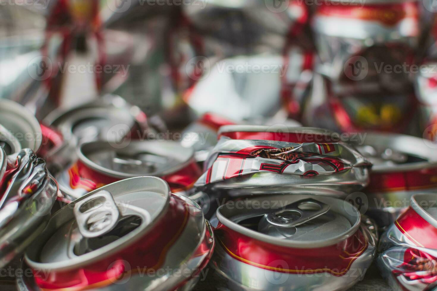 recycling concept, closeup crush a group can beer aluminium to recycle and save the environment photo