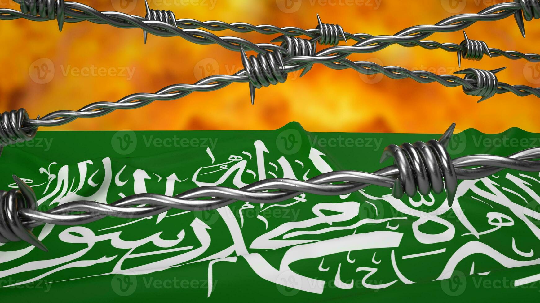 The Hamas flag on fire background 3d rendering photo