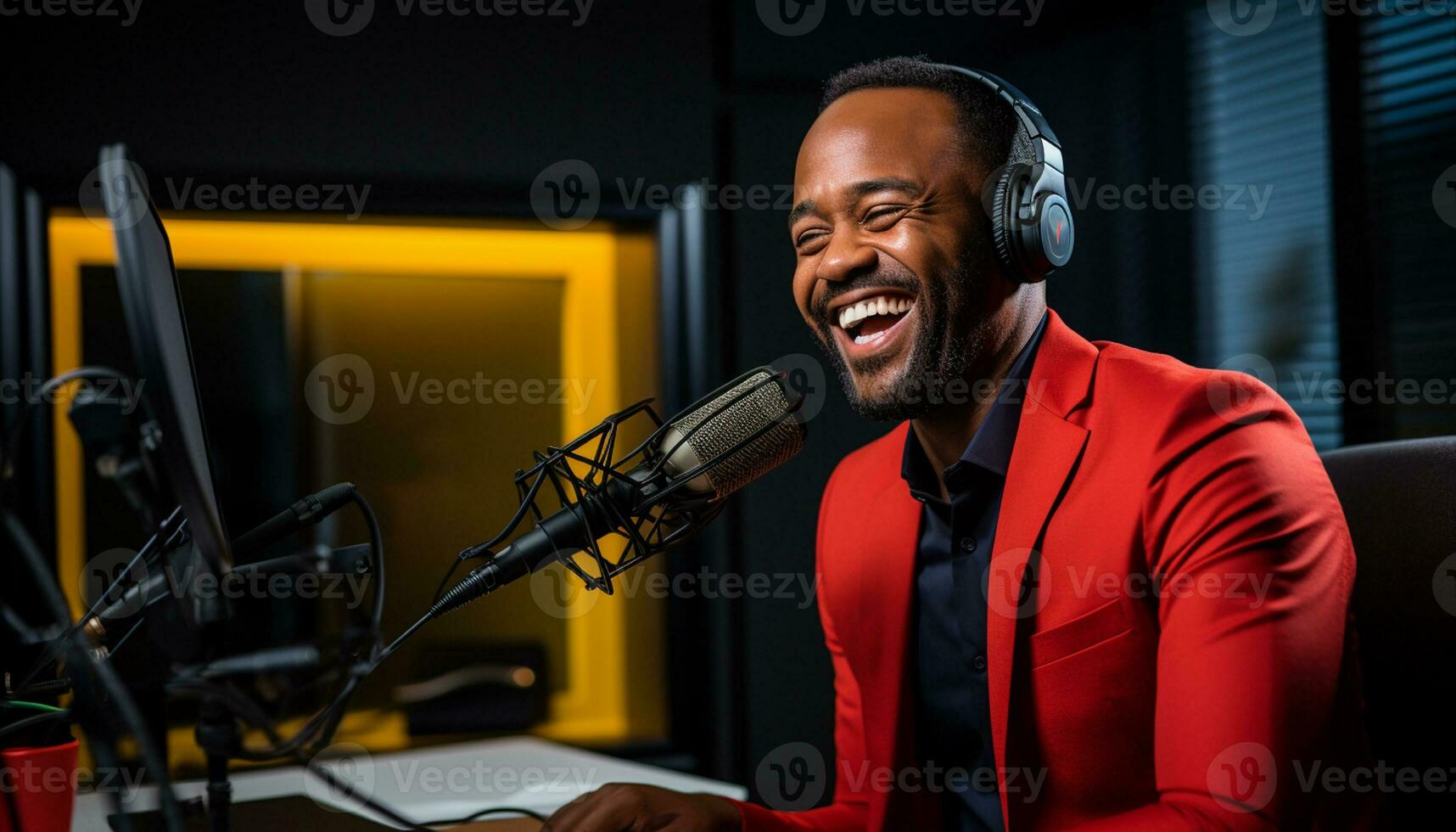 Happy radio presenter speaking into a microphone in the studio, entertaining listeners with professional musical audio. Generative Ai photo