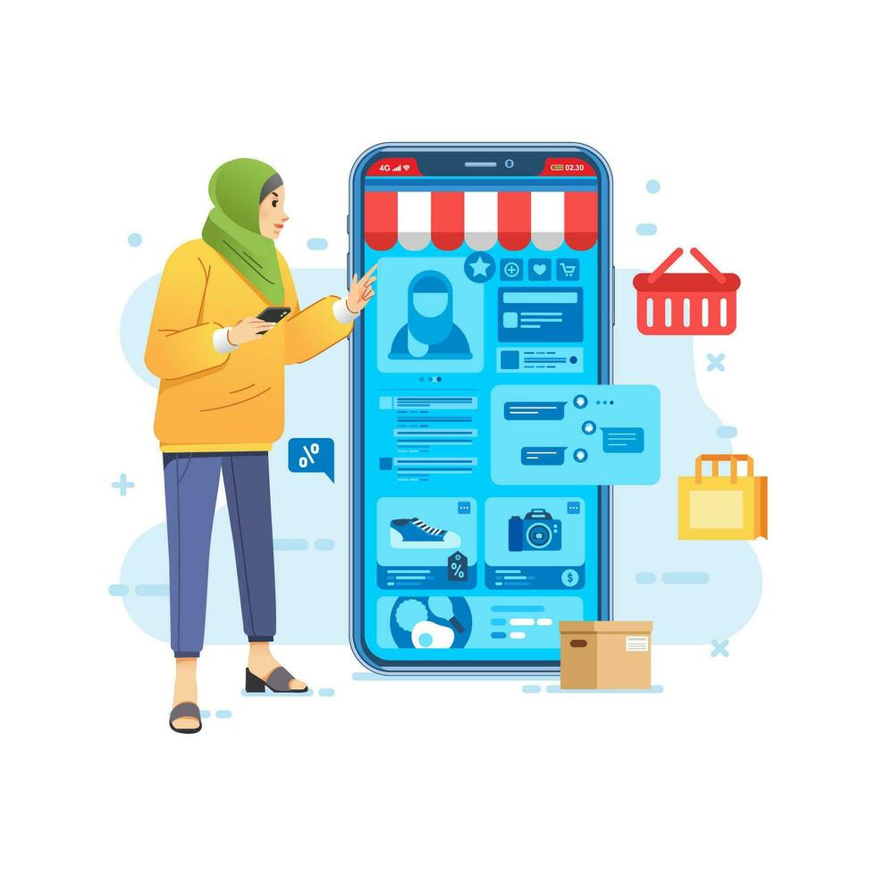 e commerce online shop application fo smartphone, the women wearing hijab shopping online from smartphone vector