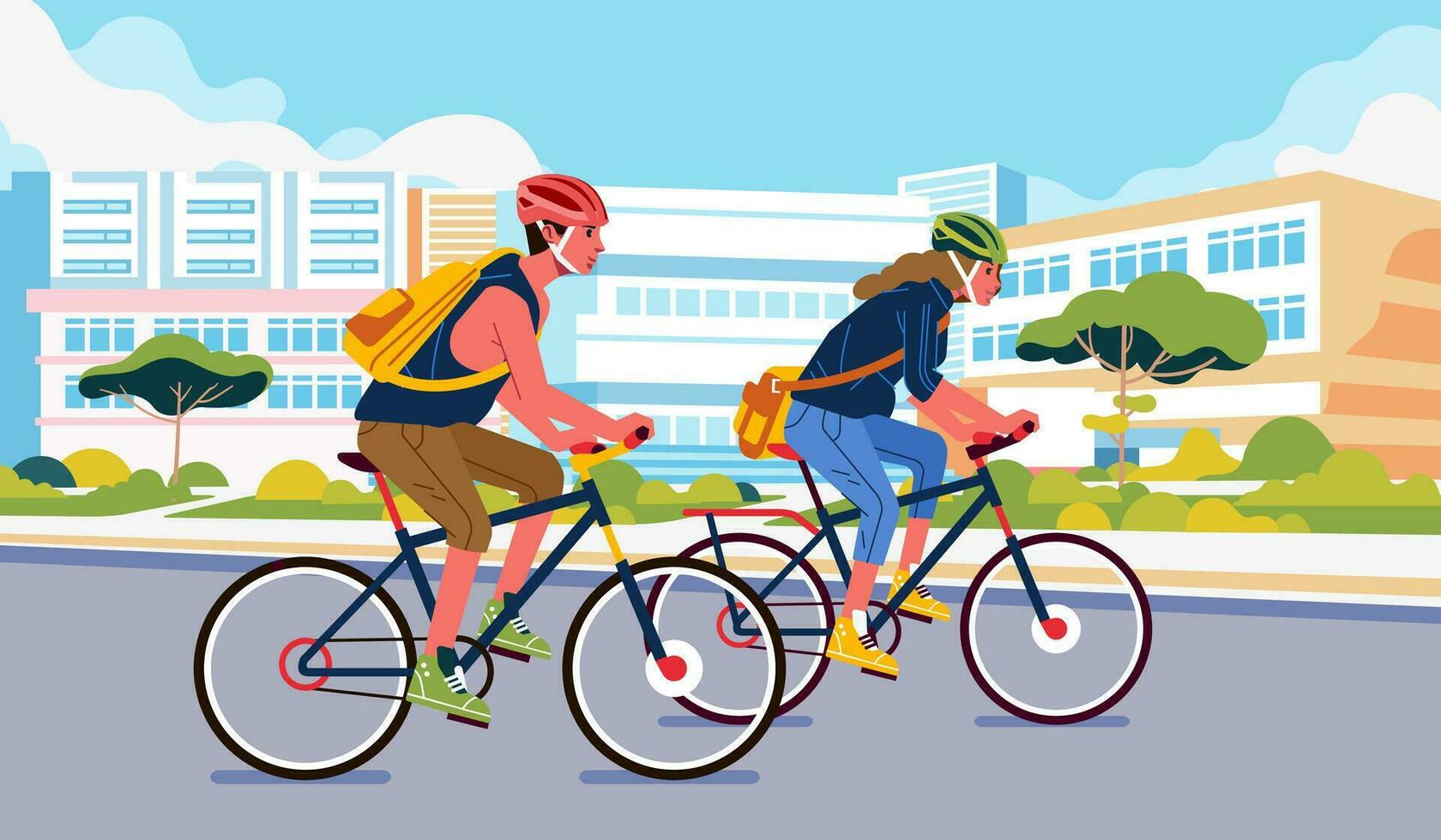 joven hombre y mujer ciclismo alrededor el ciudad, vistiendo la seguridad casco y trayendo bolsa. edificio y ciudad ilustración en el antecedentes vector