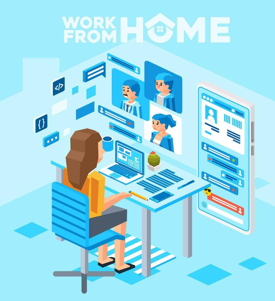 isometric illustration of women working from home with computer and doing online meeting teleconferences with client vector