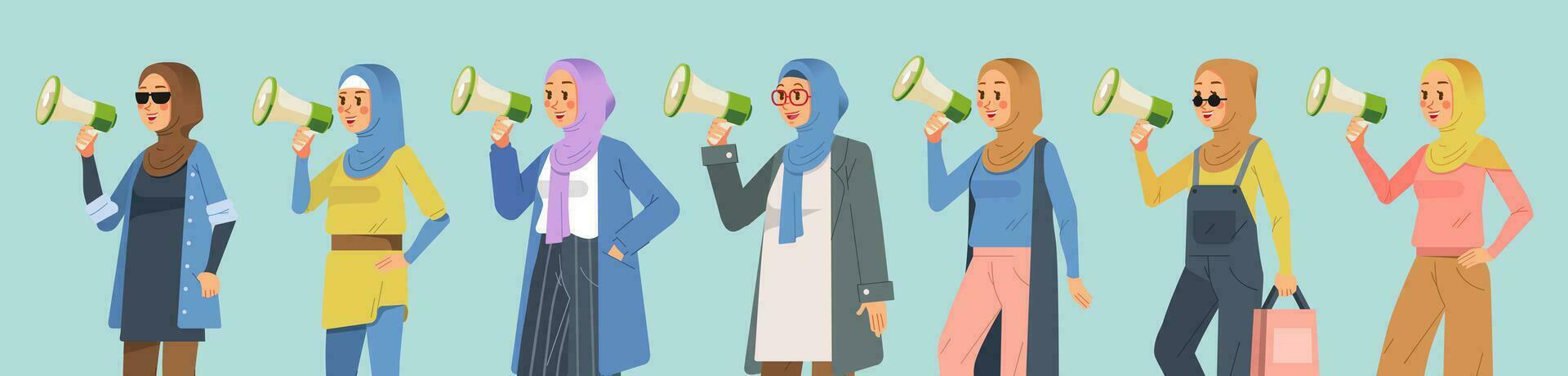 Various hijab muslim woman holding megaphone shouting loud calls customers announcing sale Promotion advertising concept vector