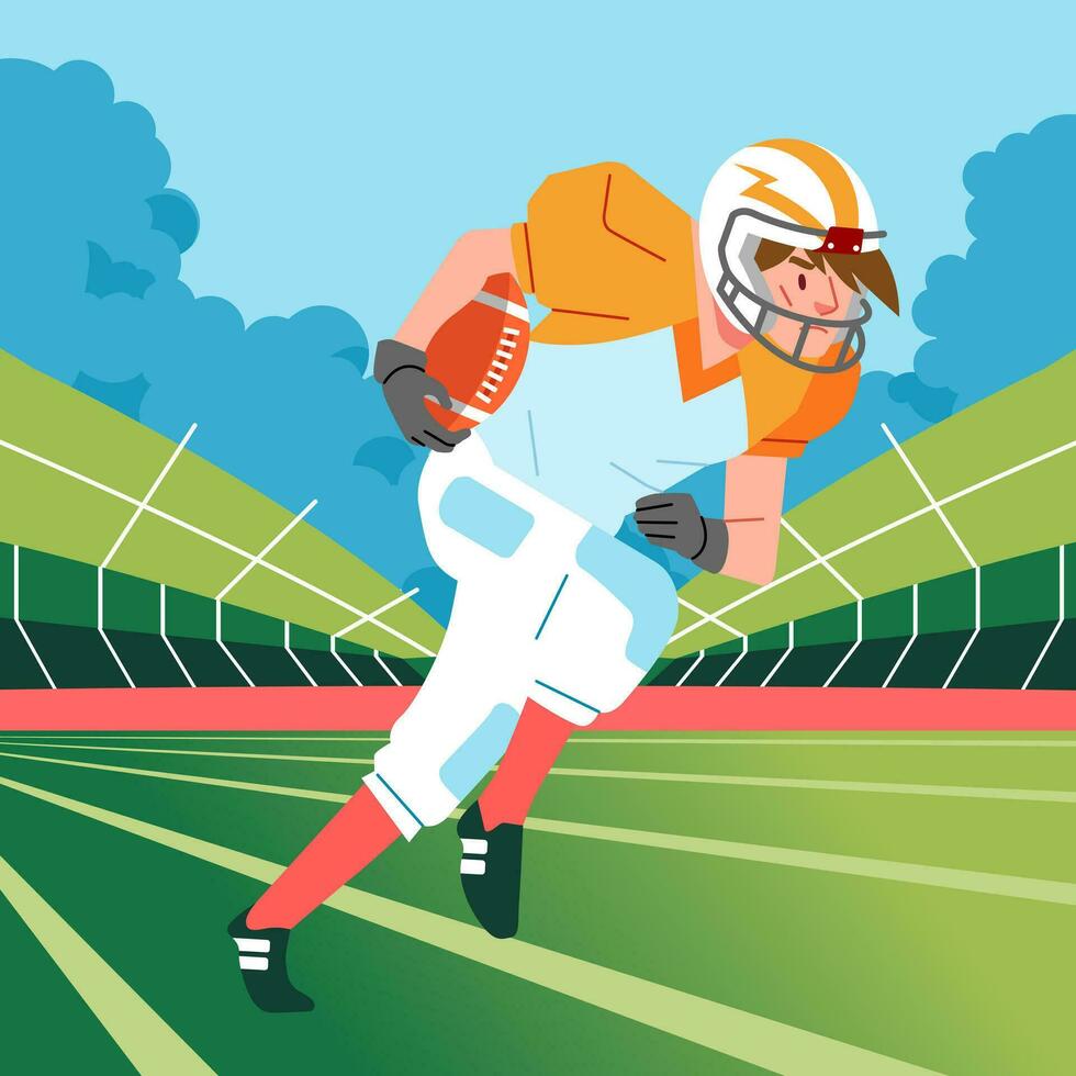 American football player running across the perspective field with the ball vector