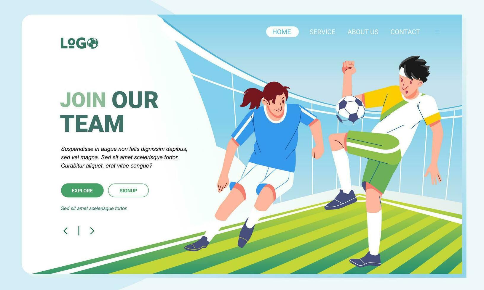Illustration Soccer player character on field sport and Landing Page Design for web page, banner and app concept vector