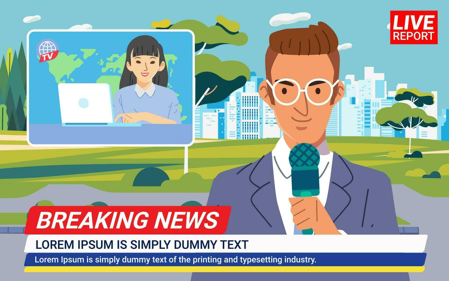 News woman anchor broadcasting the news with a reporter live on screen working in suburbs town city vector