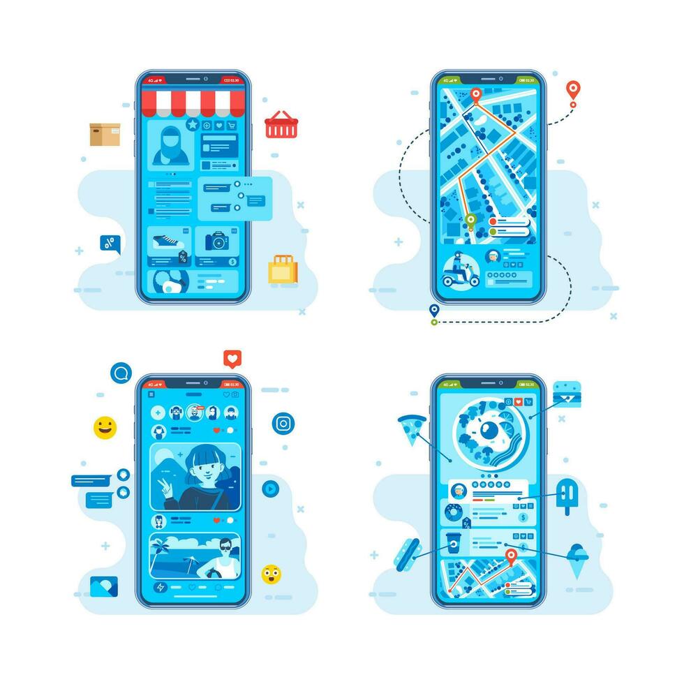mobile app for any need like transportation, food order, social media for smartphone vector illustration