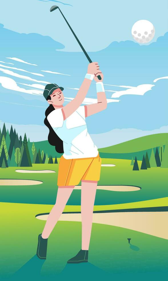 Dramatic female golfer hitting ball on golf course, green field hill with cloud background vector