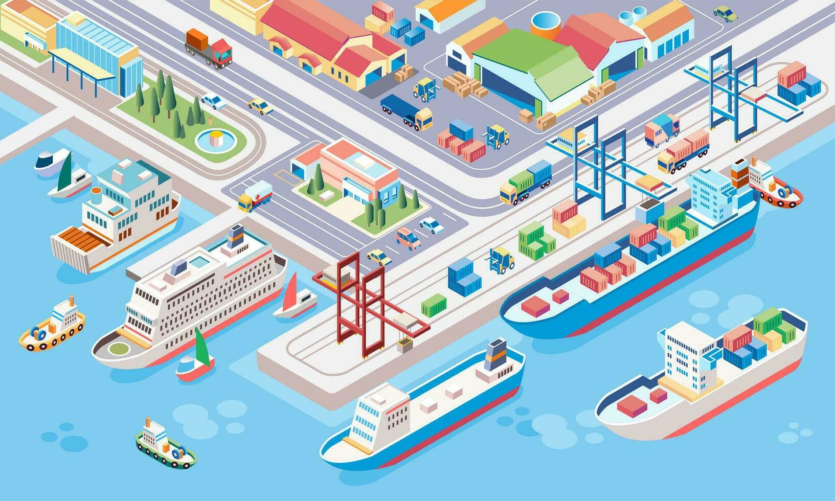 isometric illustration of central port for cargo ships and cruise ships with multiple ships at anchor and containers ready to be transported vector