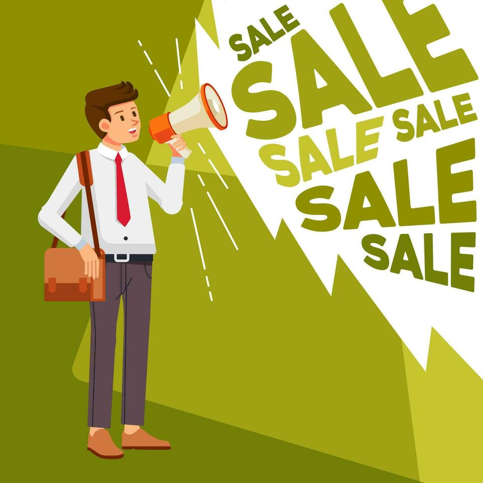 Happy salesman holding megaphone shouting loud calls customers announcing sale Promotion advertising concept vector