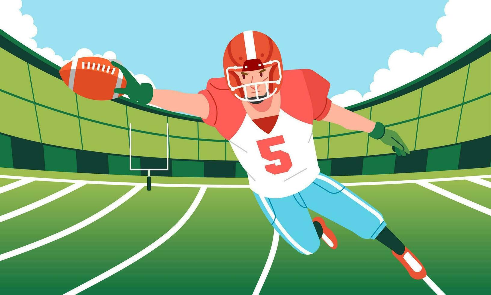American football Player jump catches the ball and flies in the air on field Back view vector