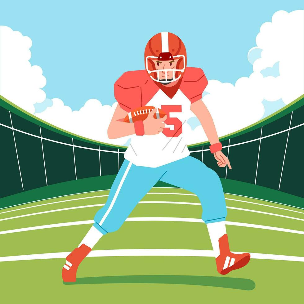 American football player running across the field hold the ball vector