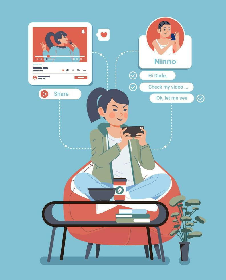 young girl sitting in the couch and making video call with friend, sharing her new video vlog vector illustration