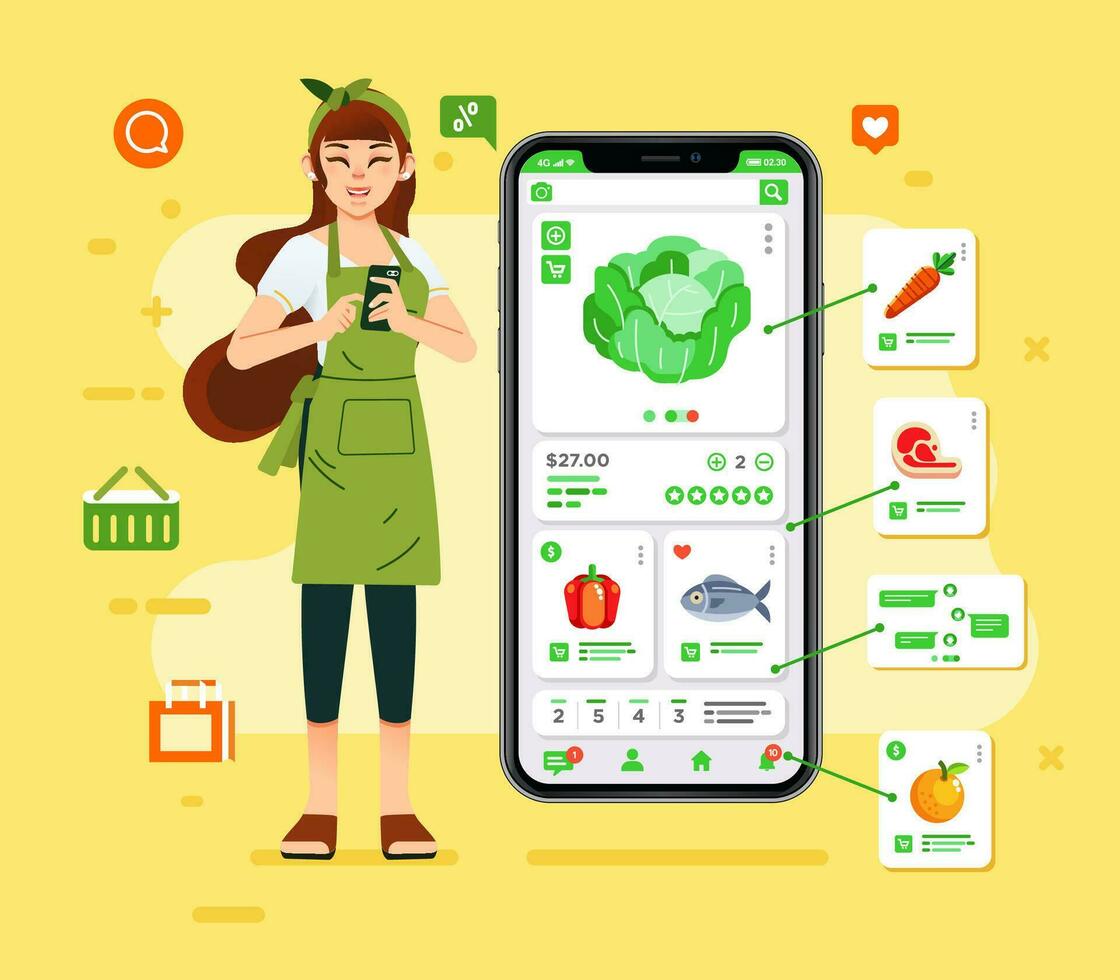 un mujer es tienda de comestibles en línea compras con su teléfono inteligente, escoger el Fresco comida y entrega a su hogar vector ilustración