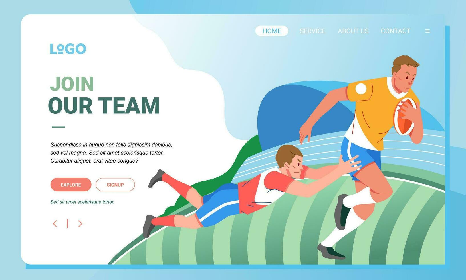 Rugby minimalist banner web illustration mobile landing page GUI UI player jump to grab ball vector