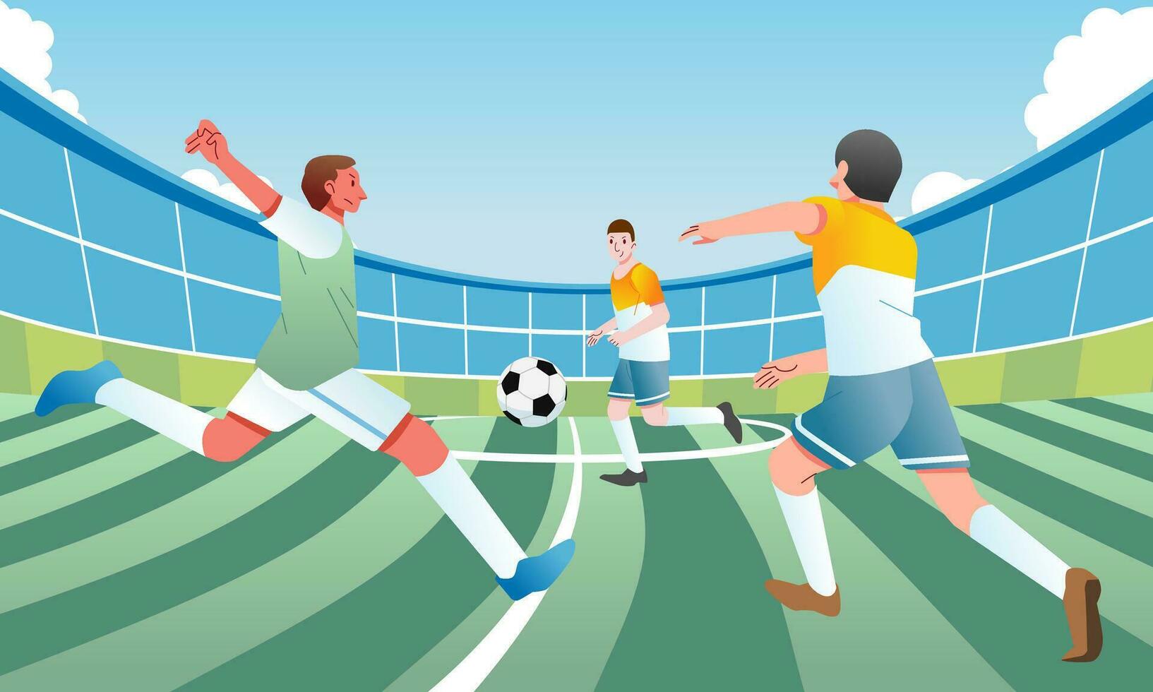 football match is in progress in the stadium, football players are playing in the field vector illustration