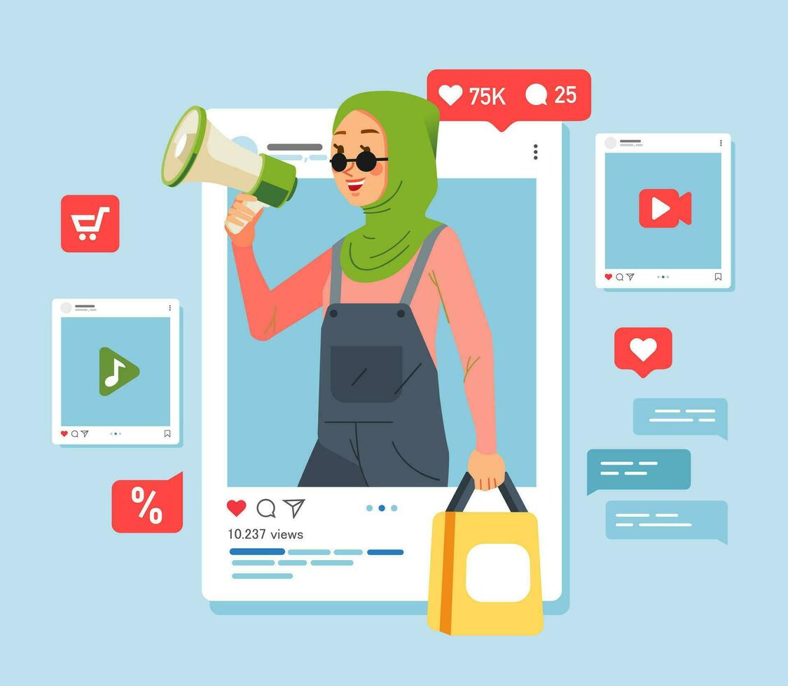 Muslim green hijab young girl holding megaphone shouting loud announcing social media Promotion advertising concept vector