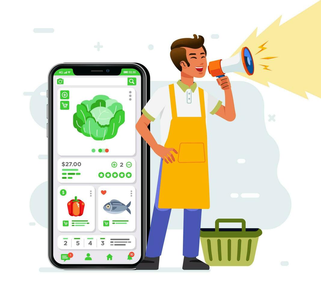 Happy man holding megaphone shouting loud calls customers announcing vegetable ecommerce app Promotion advertising concept vector