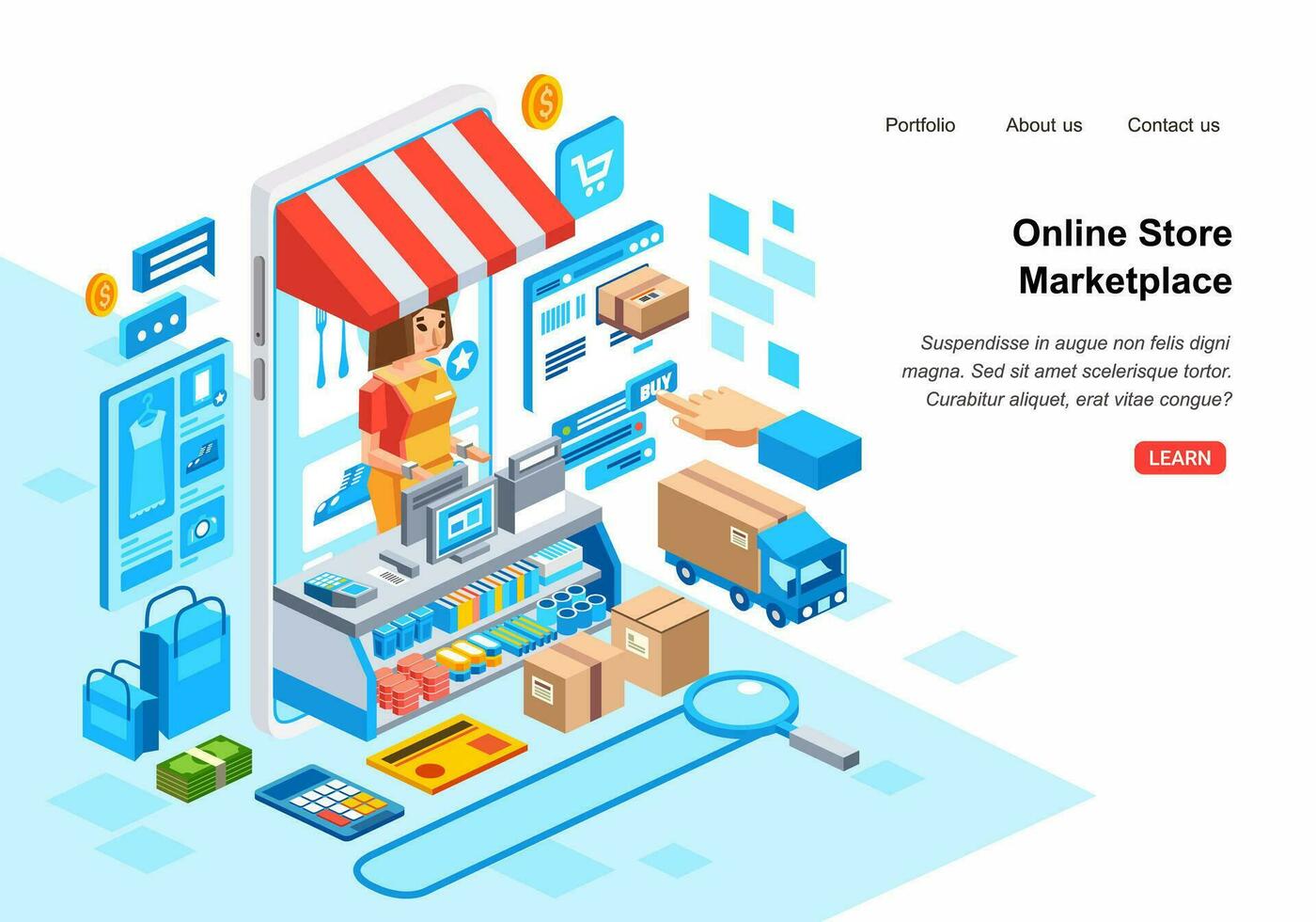 isometric 3D illustration of Online shopping system in marketplace with smart phone, administrator, credit card, courier and stock illustration vector