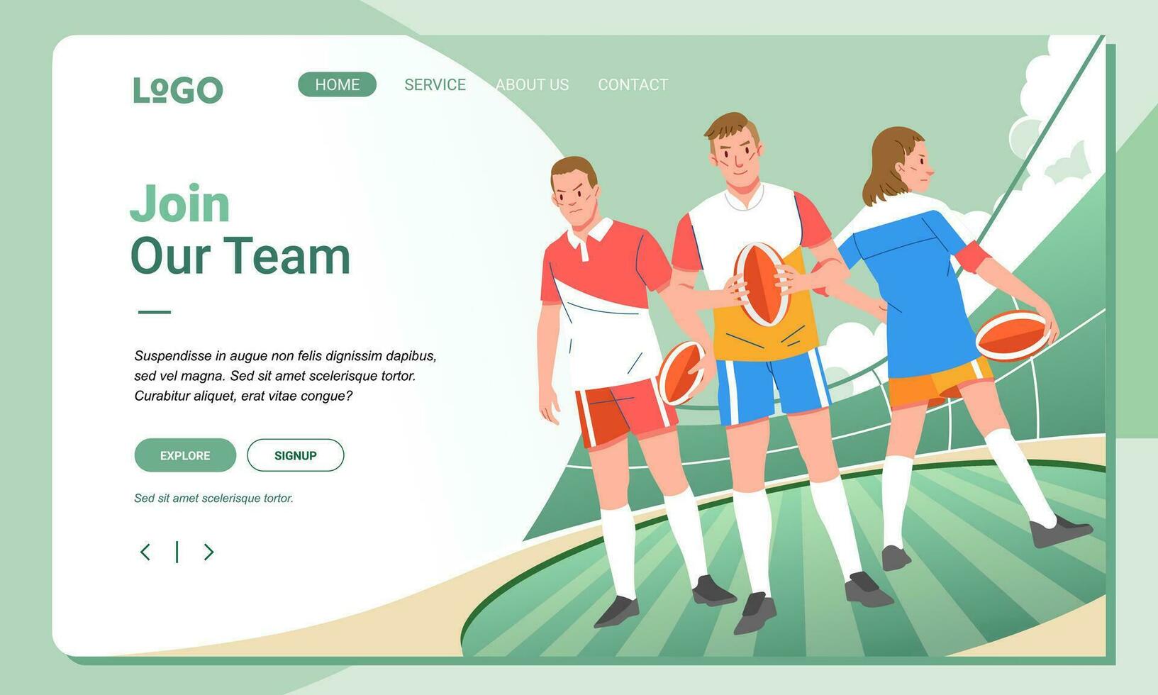 Rugby minimalist banner web illustration mobile landing page GUI UI player diversity team match vector