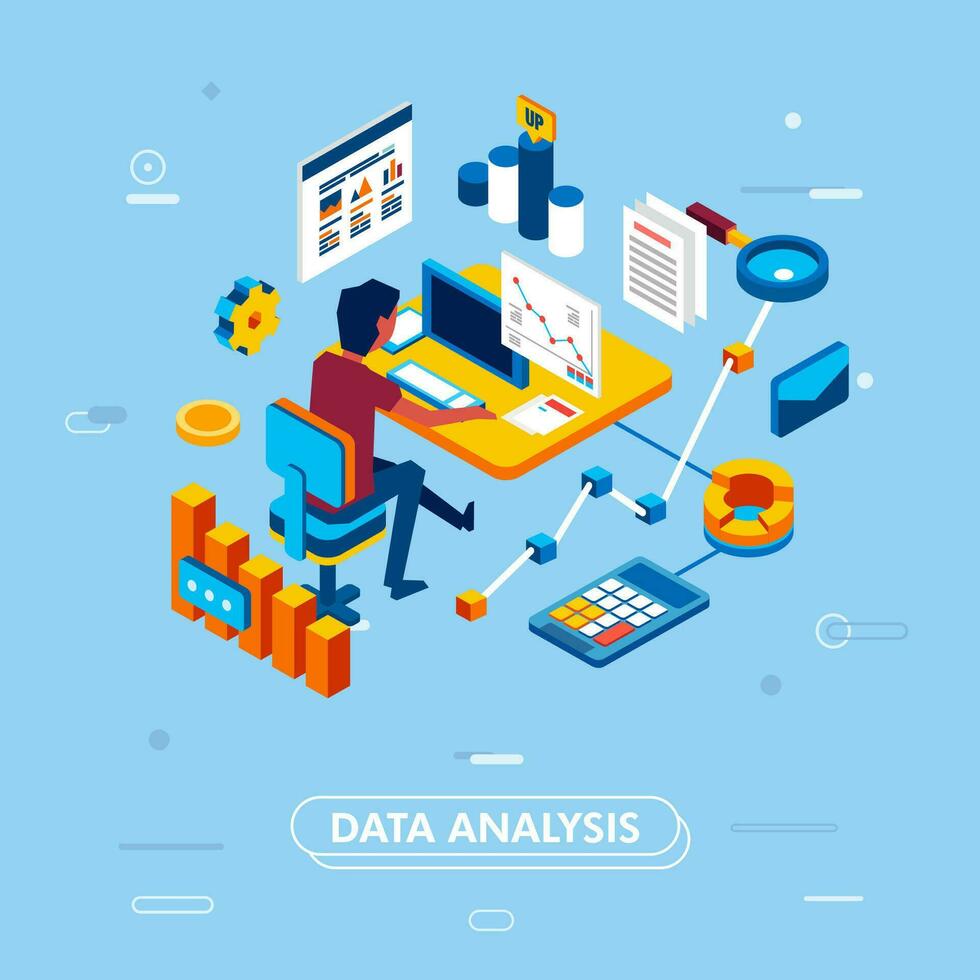 moderno isométrica diseño concepto de datos análisis para sitio web y móvil solicitud. hombre trabajando en escritorio con computadora con diaragam, datos, calculadora, archivo elemento vector ilustración