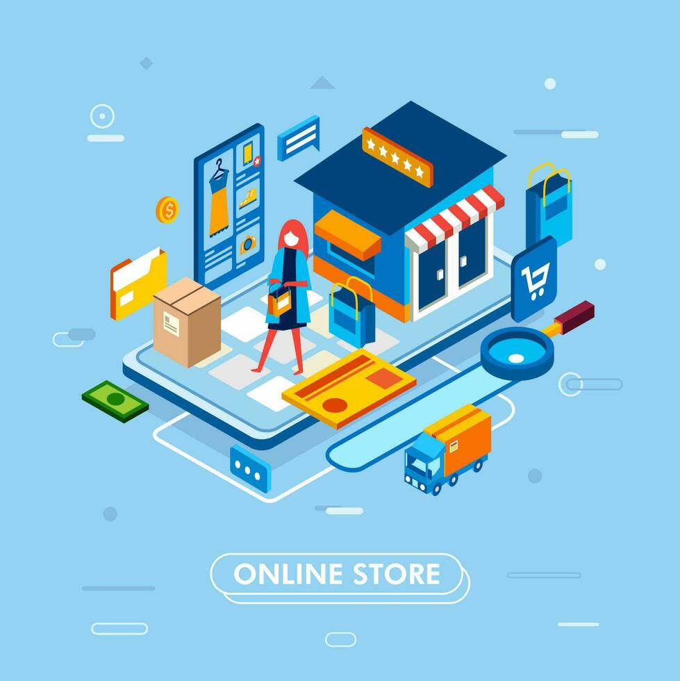 modern flat design isometric of online shopping process from smartphone, with card, truck, product, money icon illustration vector